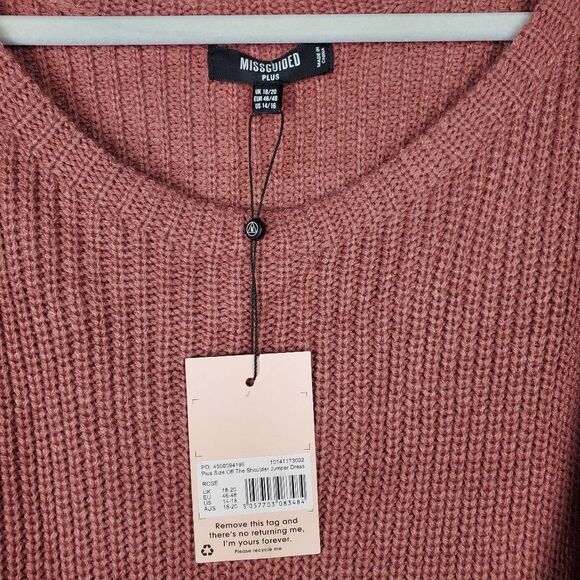 MISSGUIDED Plus Size Off Shoulder Jumper Dress Rose 14-16 Ribbed Chunky Knit NWT - Picture 3 of 8